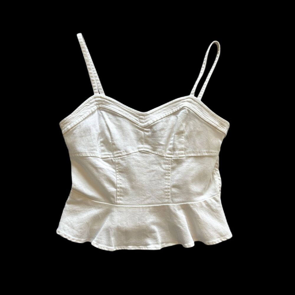 Aqua Women's White Denim Crop Top Flare Waist Boho Babydoll Top Size L
